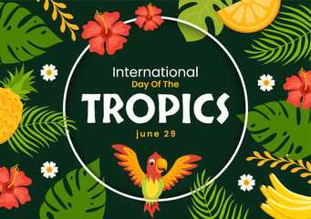Naklejka premium International Day of the Tropic Vector Illustration on 29 June with Animal, Grass and Flower Plants to Preserve in Flat Cartoon Hand Drawn Templates