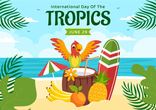 International Day of the Tropic Vector Illustration on 29 June with Animal, Grass and Flower Plants to Preserve in Flat Cartoon Hand Drawn Templates