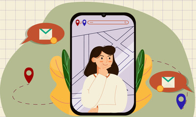 Girl using a phone with navigation map