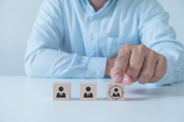 Target customer, job search, job recruitment , buyer persona, marketing segmentation concept. Personalization marketing, customer centric strategies. Wooden cube blocks focused on target customer.