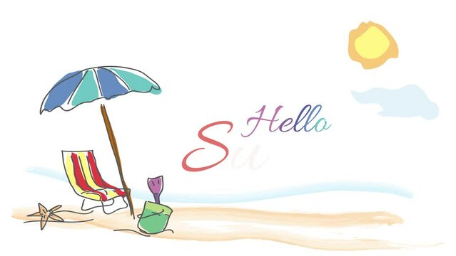 Hello summer on the beach, childish drawing handmade. Animated illustration with text