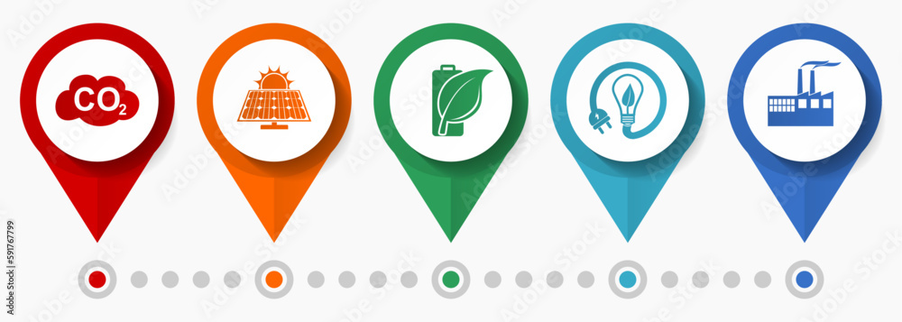 Aufkleber industrial icon set, flat design miscellaneous pointer icons such as carbon dioxide, solar power, re