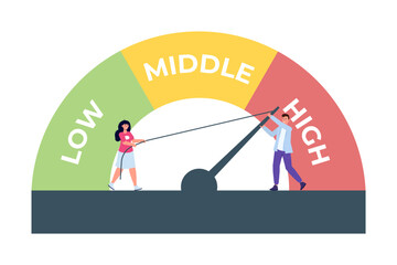 Risk management concept.  Businessman and  businesswoman turning risk meter arrow. Vector illustration.