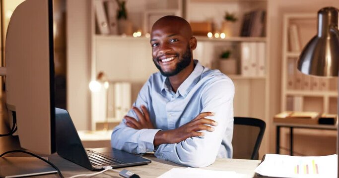 Office face, confidence and happy black man, finance accountant or admin smile for financial accounting. Bookkeeping portrait, business computer and night person working overtime on administration