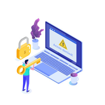 A browser window with login access denied a password entry isometric concept. Error and entry to computer device. Vector illustration.