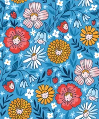 Keuken spatwand met foto Summer floral seamless pattern design for kids fabrics. Colorful flowers with cute faces - print design in hand-drawn style. Vector illustration. © Utro na more