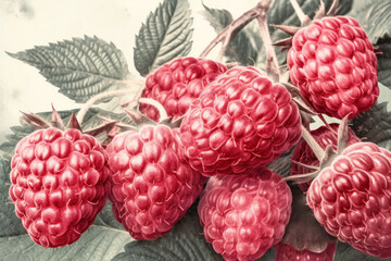 Raspberries with leaves and stems closeup.. Vintage printing style. Generative AI