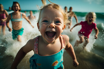 Little babies running along the beach of the warm sea, bathing and swimming. Holidays with funny children, fun and entertainment. Generative AI