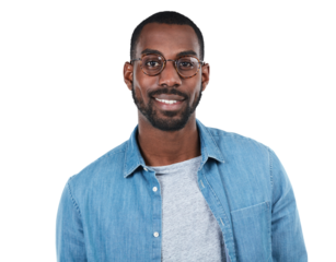 Young black man, face and smile with glasses ready on an isolated and transparent png background for casual happiness. African man, happy and positive mindset, confidence and proud model portrait