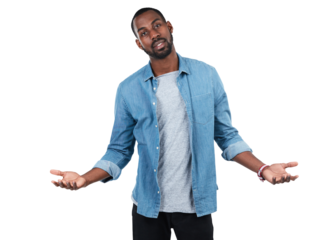 Portrait, shrug and a black man on an isolated and transparent png background asking what or why. Doubt, hands and question with a young male shrugging saying dont know