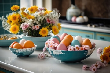 eggs Polish Easter tradition in a basket with flowers, generative AI