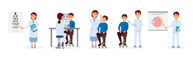 Man and Woman Ophthalmologist Doctor in Medical Uniform Observing Patient Vector Illustration Set