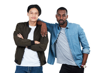 Fashion, men and portrait of friends on an isolated and transparent png background with casual, stylish and trendy cool outfits. Interracial, friendship and young male models with style and clothes