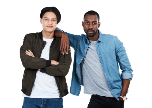 Fashion, men and portrait of friends on an isolated and transparent png background with casual, stylish and trendy cool outfits. Interracial, friendship and young male models with style and clothes