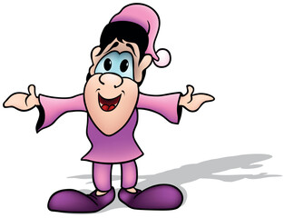 Fairy-tale Dwarf in Purple Clothes with Open Arms