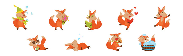 Funny Orange Fox Engaged in Different Activities Vector Set
