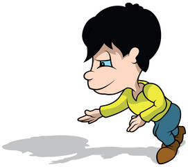 Black-haired Boy in a Yellow T-shirt While Walking from Profile