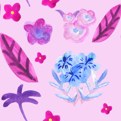Fototapeta na wymiar Seamless watercolor pattern with big lilac and blue flowers, leaves on pink background