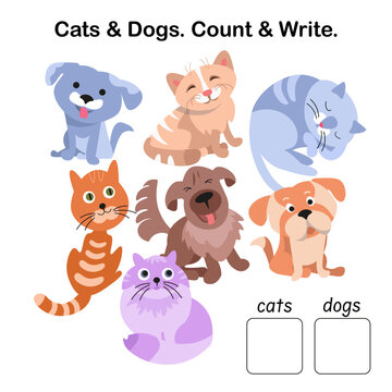 Cute cats and dogs in cartoon style. How many objects in picture. Game for children. Count and write numbers. Educational puzzle game for children. Vector illustration.