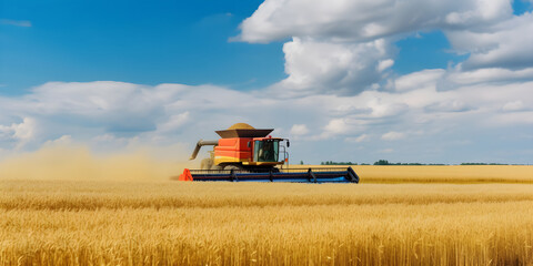Combine harvester harvesting ripe wheat. Ripe ears of gold field over cloudy sky background. Rich harvest concept. Image of agriculture. generative ai