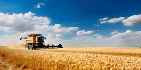 Obraz premium Combine harvester harvesting ripe wheat. Ripe ears of gold field over cloudy sky background. Rich harvest concept. Image of agriculture. generative ai