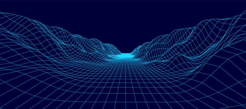 Digital wireframe landscape on blue background. Wireframe terrain polygon landscape design. Digital cyberspace in mountains with valleys. Vector illustration.