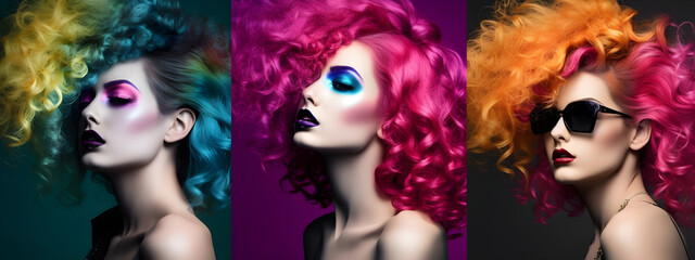 Obraz premium fashion trendy photo of models of three young girls of model European appearance for advertising with bright make-up and creative colors in clothes with a colored hair. banner Generative AI