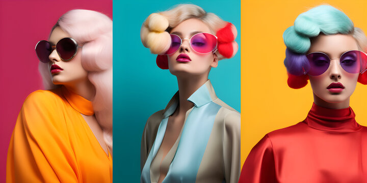 fashion trendy photo of models of three young girls of model European appearance for advertising with bright make-up and creative colors in clothes with colored hair. banner retro style Generative AI
