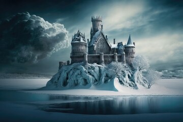 majestic castle atop a snowy hill surrounded by a winter wonderland. Generative AI