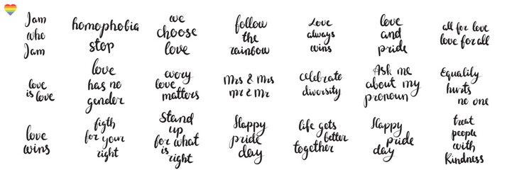 Collection of handwriting quote for Pride Month. LGBT text. Vector illustration.