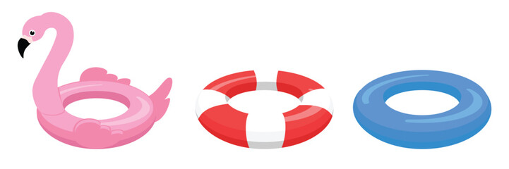 Collection of life buoy isolated on white background. Pink flamingo help ring. Classic red and white rescue circle. Blue lifebuoy. Vector illustration. - obrazy, fototapety, plakaty