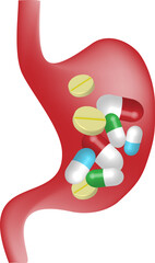 Stomach full of medicine and capsule pills. Medical care and pharmaceutical addiction concept.