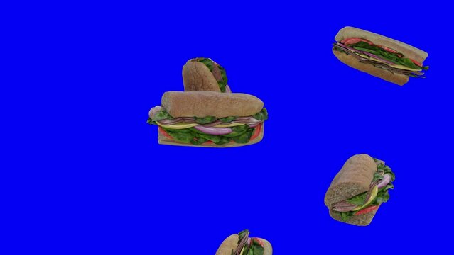 Subway Sandwiches Falling on Green Screen With Alpha Matte