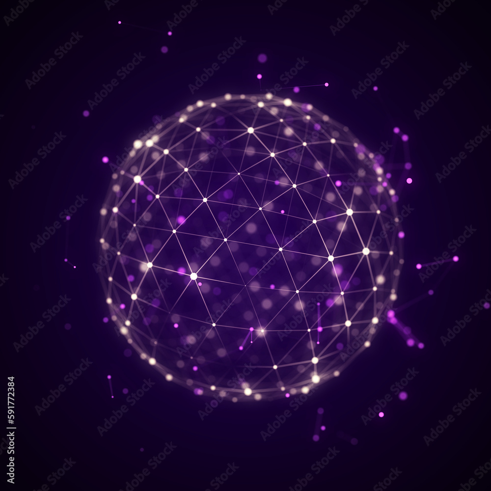 Poster sphere made up of points and lines. network connection structure. big data visualization. 3d renderi