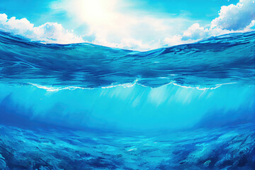 Fototapeta na wymiar watercolor ocean water surface and underwater, ai generation