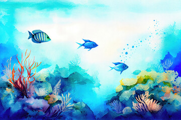 Fototapeta na wymiar watercolor ocean water surface and underwater with fishes, ai generation