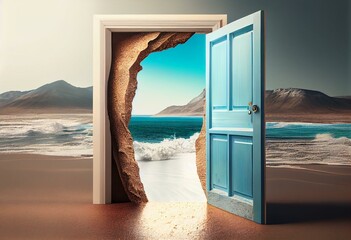 Opened door at the sand beach with sea view and empty wall background. Summer vacation concept. 3D Rendering, 3D Illustration. Generative AI
