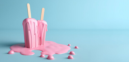 Pink Ice Lollys Melting on Blue Surface. Summer Concept with copy-space. Generative AI.