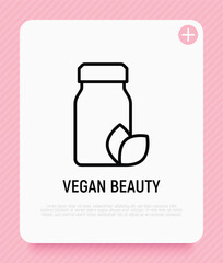 Vegan beauty thin line icon: bottle with leaf. Herbal supplement. Modern vector illustration for organic shop.