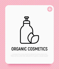 Organic cosmetics thin line icon: glass bottle with dispenser and leaf sign. Natural skin care. Modern vector illustration for beauty shop.