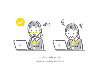 パソコン学習が順調な女子高生と苦戦する女子高生　シンプルでかわいい線画イラスト