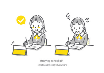 オンライン学習が順調な女子高生と苦戦する女子高生　シンプルでかわいい線画イラスト