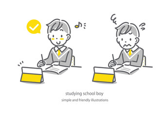 オンライン学習が順調な男子生徒と苦戦する男子生徒　シンプルでかわいい線画イラスト