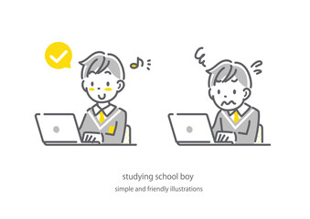 パソコン学習が順調な男子高校生と苦戦する段位s高校生　シンプルでかわいい線画イラスト