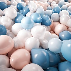 Backdrop featuring blue, pink polka dotted balloons with grey, styled in light sky blue and gentle bronze tones. Generative AI