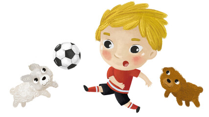 cartoon scene with kid playing running sport ball soccer football - illustration for children