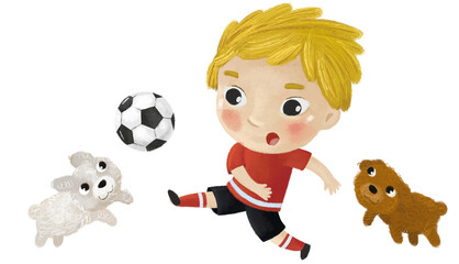 cartoon scene with kid playing running sport ball soccer football - illustration for children