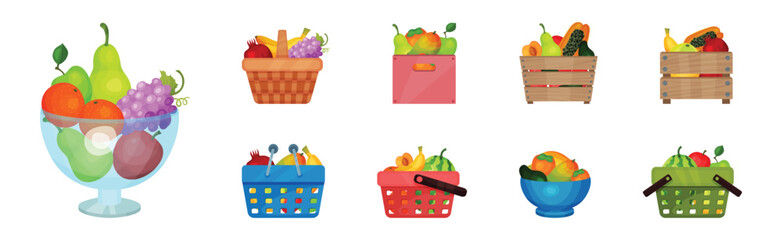 Fresh Fruits in Basket and Crate Vector Set
