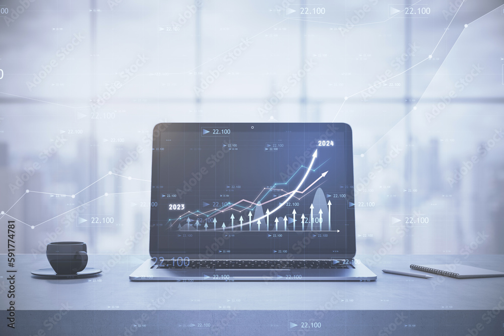 Aufkleber close up of laptop on desktop with coffee cup, growing business chart and arrow on blurry window wit
