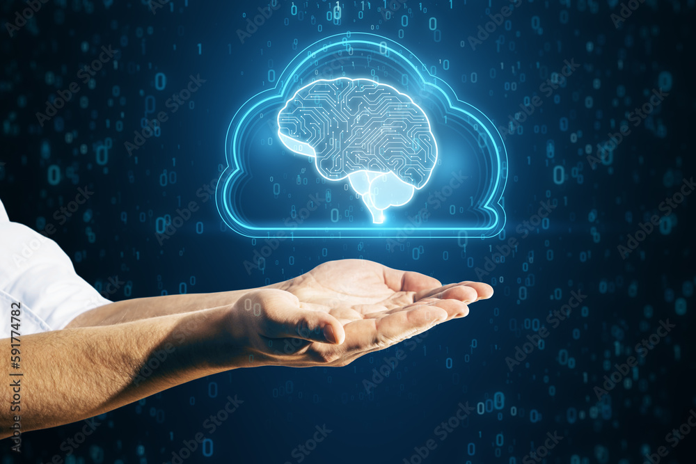 Poster artificial intelligence hardware concept. close up of businessman hand holding glowing cloud brain a